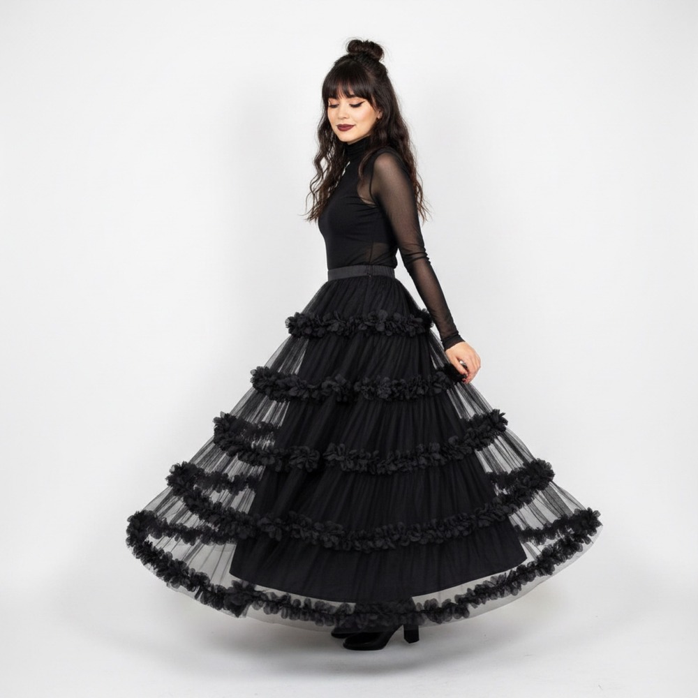 Faeriesty Whimsigoth Dark Fairy Black Tulle Tiered Maxi Skirt 3D Floral Sz L